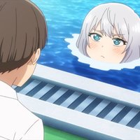 screenshot from an anime show of a person looking at a woman peeking her head above water