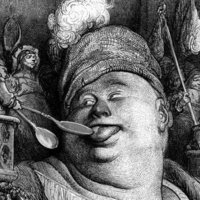 illustration of a giant man being spoon fed by tiny people