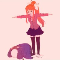 Monika from Doki Doki Literature Club t-posing over Undertale Sans who is cowering on the floor