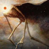 headless cryptid monster giant skeleton with the sun as its head and the night sky as a cape floating behind it