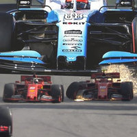 Giant race car driving behind tiny race cars