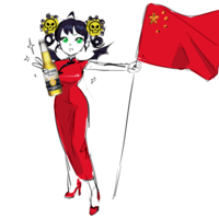 Corona-chan Anime style drawing illustration woman in traditional Chinese dress holding bottle of Corona beer and a waving flag of China