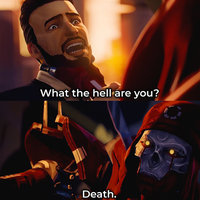 What The Hell Are you? Death. | Marcos andrade in a suit asking "what the hell are you" to the Revenant mercenary robot who is holding him up by the throat