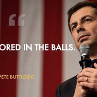 mayor pete buttigieg in a post from CNN's townhall holding a microphone to his face and standing in front of an american flag with the caption "pee is stored in the balls"