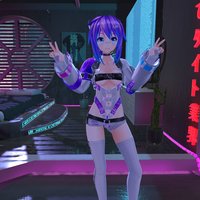 anime girl with spiky purple hair and a band aid over her nose leaning her face in her hands and looking at the viewer