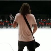 Foo Fighters vs. the Foo dave grohl in a foo fighters music video facing a crowd labeled as foo's
