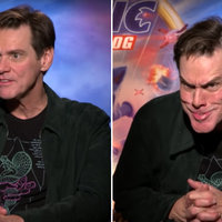 Side-by-side images of Jim Carrey before and after doing his Grinch face