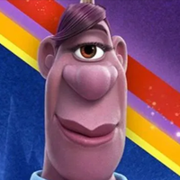 purple cyclops with side swept bangs in front of a colorful background