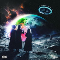 three people in dresses standing on the moon's surface waving goodbye to a flying saucer heading for a colorful version of earth