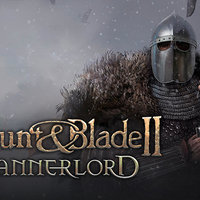 Mount & Blade II: Bannerlord title artwork with warrior clutching weapons