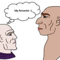 cartoonish black person looking up at an ancient egyptian bust and a thought bubble that reads my ancestor :)