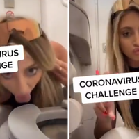 blonde woman licking a toilet seat then giving the victory sign to the camera , caption reads CORONAVIRUS CHALLENGE
