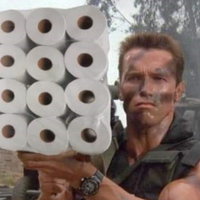 Arnold Schwarzenegger as the Terminator carrying a pack of toilet paper instead of a gun
