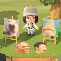 Animal Crossing player wearing an Obama shirt and standing between multiple easels showing canvas painted with pixelated versions of memes