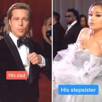 Brad Pitt and Ariana Grande on a red carpet captioned as dad and stepsister