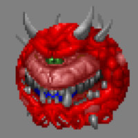 Cacodemon Pixel art from the Doom video game franchise of a monster that looks like a floating red orb with one eyes and multiple teeth and horns