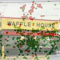 Waffle House restaurant with a map of closed waffle house restaurants overlaid atop the image.