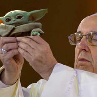 Pope Francis Holding Things pope francis holding eucharist in a white robe and a white wafer and glasses
