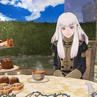Anime girl with white hair dressed in a Victorian style jacket sitting at a table with small cakes pastries and tea in an outdoors setting
