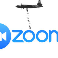 Zoom logo and a US plane dropping bombs on it