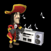 3D animated pirate wearing a captain's hat and a red and gold jacket dancing next to a boom box