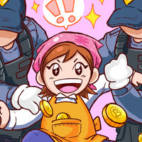 Cooking Mama titular character being arrested by two figures in police uniforms as bitcoins fall out of her apron's pocket