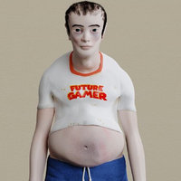 photograph of future gamer rendering of a man with thinning hair and a white ringer t-shirt that says "future gamer". Their belly is exposed