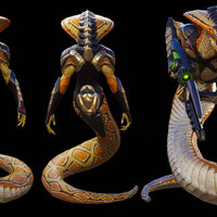 creature with human arms and a snake like lower body holding a sci fi weapon