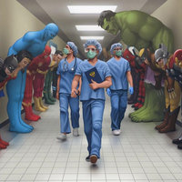 Superheroes Bowing different superheroes bowing down to doctors walking down a hall featuring superman, wonder woman, batman, hulk, spider man, ironman and thor among others