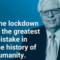 A blue and white photograph of Prager Univeristy founder Dennis Prager next to the text The Lockdown Is The Greatest Mistake in the History of Humanity"