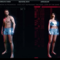 character customization screen in a video game showing male and female characters