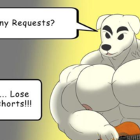 Lose the Shorts! very buff white dog k.k. slider holding a guitar and asking for requests, somebody in the audience asks for him to lose the shorts