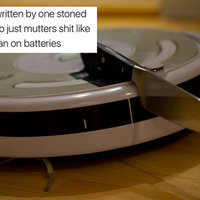 image of a roomba with a knife and a tweet that reads black mirror is written by one stoned british dude who just mutters shit like wot if ya mum ran on batteries