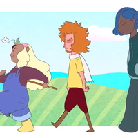 three cartoon characters of different heights walking in a row