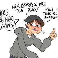 cartoon character in a grey beanie looking upset where are her organs? her boobs are too big! this is terrible anatomy!