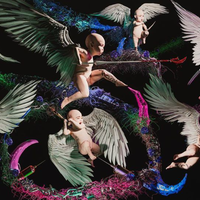 Grimes' "Selling Out" artwork painting of naked flying babies with angel wings fighting each other with swords