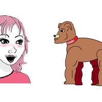 female wojak with pink hair and a dog with a collar that says Barky.