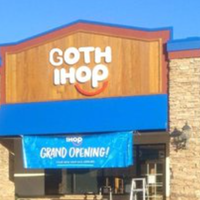 GOTH IHOP parody IHOP location store with a GRAND OPENING sign hanging over the entrance
