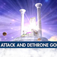 Attack and Dethrone God glowing throne in space surrounded by planets and the caption ATTACK AND DETHRONE GOD