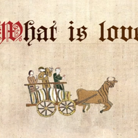 What is love old timey middle ages medieval art of three people riding a carriage pulled by a bull