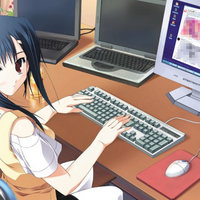anime girl looking behind her shoulder while viewing censored images on her computer