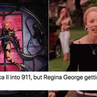 lady gaga chromatica album cover on the left clip of regina george in mean girls getting hit by a bus