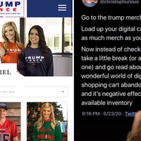 TRUMP APPAREL Go to the trump merch store. Load up your digital cart with as much merch as you can fit. Now instead of checking out, take a little break (or a long one) and go read about the wonderful world of digital shopping cart abandonme and it's negative effects available inventory 9•.16 PM • 6/23/20 •