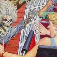 object labeling template featuring a roller coaster cart of skeletons giving a high five to people