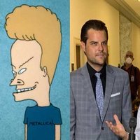 Beavis and Butt Head characters from the MTV shorts next to Matt Gaetz and Jim Jordan in a similar pose 