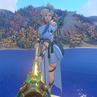 Character Mercy from the game Overwatch floating over a beach