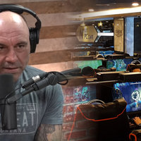 Joe Rogan and a photo of a gaming cafe