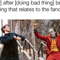 Peter Parker and the Joker dancing on stairs | [fandom] after [doing bad thing] because [something that relates to the fandom]