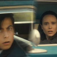 Vanya and Five looking at each in confusion while driving by each other in cars