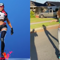 side by side comparison pics of Ana Coto and a Fortnite characters dancing on roller blades
